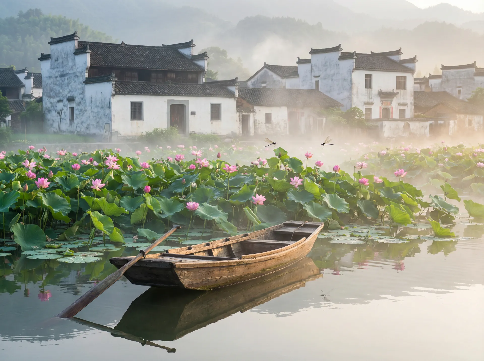 清晨荷塘小舟，粉色荷花盛开，白墙黑瓦的村庄 - 富江:无限制 水乡风情